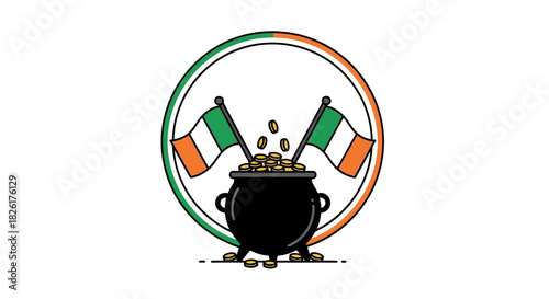 Vibrant illustration of a treasure pot overflowing with gold coins and adorned with two Irish flags, symbolizing luck, prosperity, and festive cultural celebration