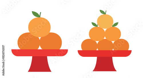 Chinese new year orange flat vector illustration set.
Stacked Chinese New Year oranges clipart.
Chinese new year oranges on red plate.
White background.
