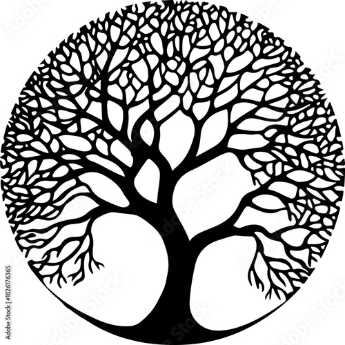 Intricate black tree of life design on a pure white background isolated on white background, Vector