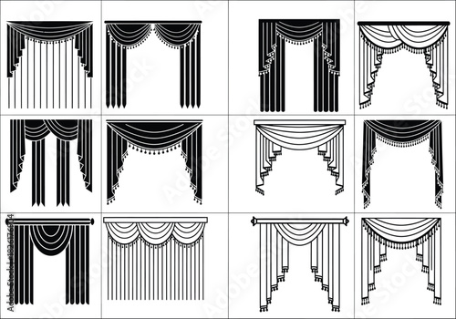 Collection of decorative curtain designs and drapes in a brush stroke style
