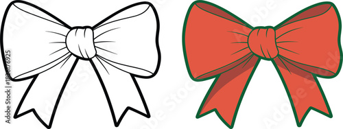 Decorative Ribbon Bow Illustration, Outline and Colored Holiday Gift Decoration Graphic, Simple Christmas Vector Clipart Coloring Design