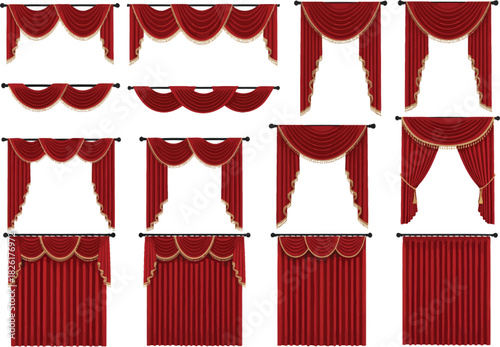 Collection of elegant red velvet drapes and curtains with ornate pelmets and tiebacks