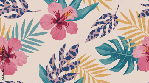 Seamless tropical pattern with pink hibiscus flower and leopard print leaf