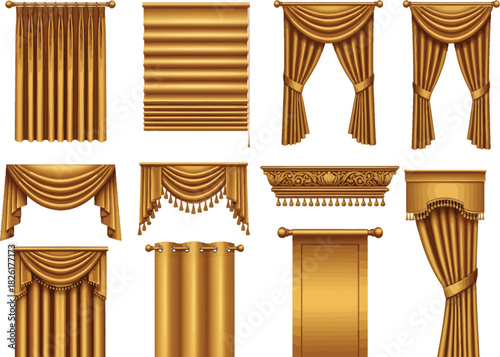 Collection of luxurious golden drapes and window treatments in various styles