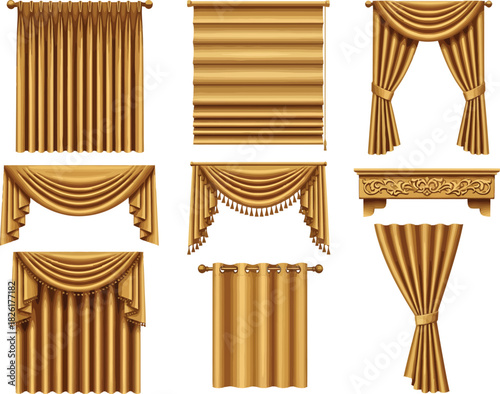 Collection of elegant golden drapes and curtains in various styles for interior design