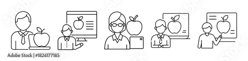 Education and learning icons with teachers, students, and apples.