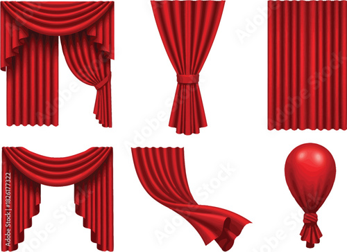Collection of six different styles of luxurious red stage curtains and drapes