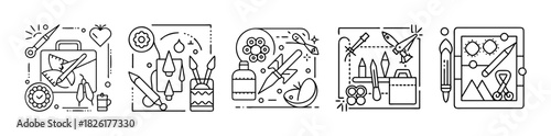Creative art tools and design process line icons collection