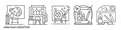 Artistic creation process and studio supplies outline icons
