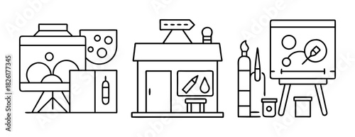 Creative art supplies and studio line art collection icon set