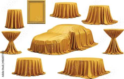 Car and objects covered with golden fabric for a grand reveal or exhibition