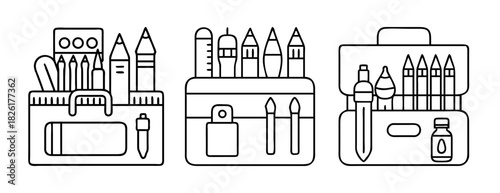 Essential art supplies set line icons for creative projects.