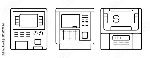 Automated teller machine line art icons set; financial