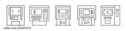 Set of five outline style atm icons depicting banking operations
