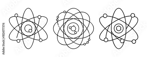 Atomic structure diagrams black line art scientific concept