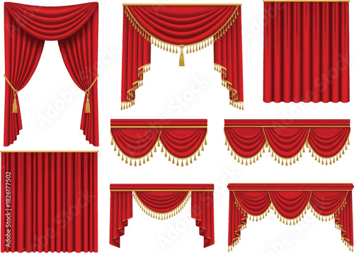 Collection of elegant red velvet stage curtains with decorative gold trim and tassels