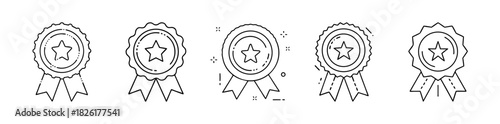 Star award medal ribbon icon set vector outline illustration