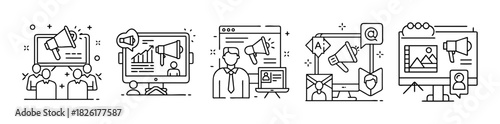 Digital marketing advertising promotion strategy line icons set