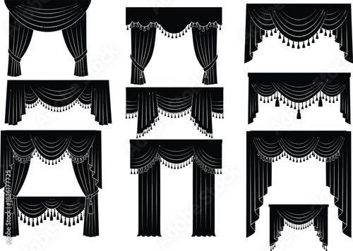 Collection of ornate black decorative window drapes and curtains with tassels and fringe