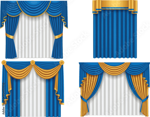 Four elegant blue and gold drapes and curtains set for stage and theater