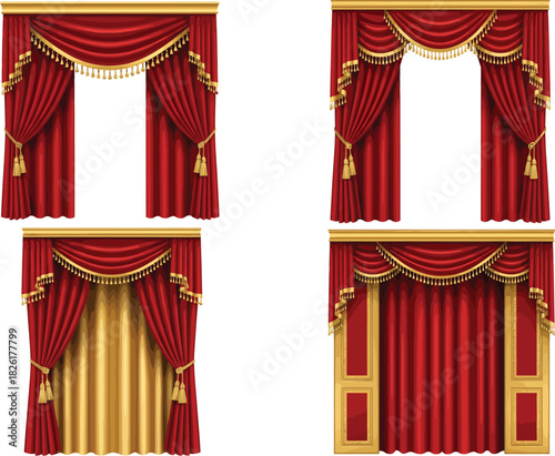 Elegant red velvet stage curtains with gold trim and tassels