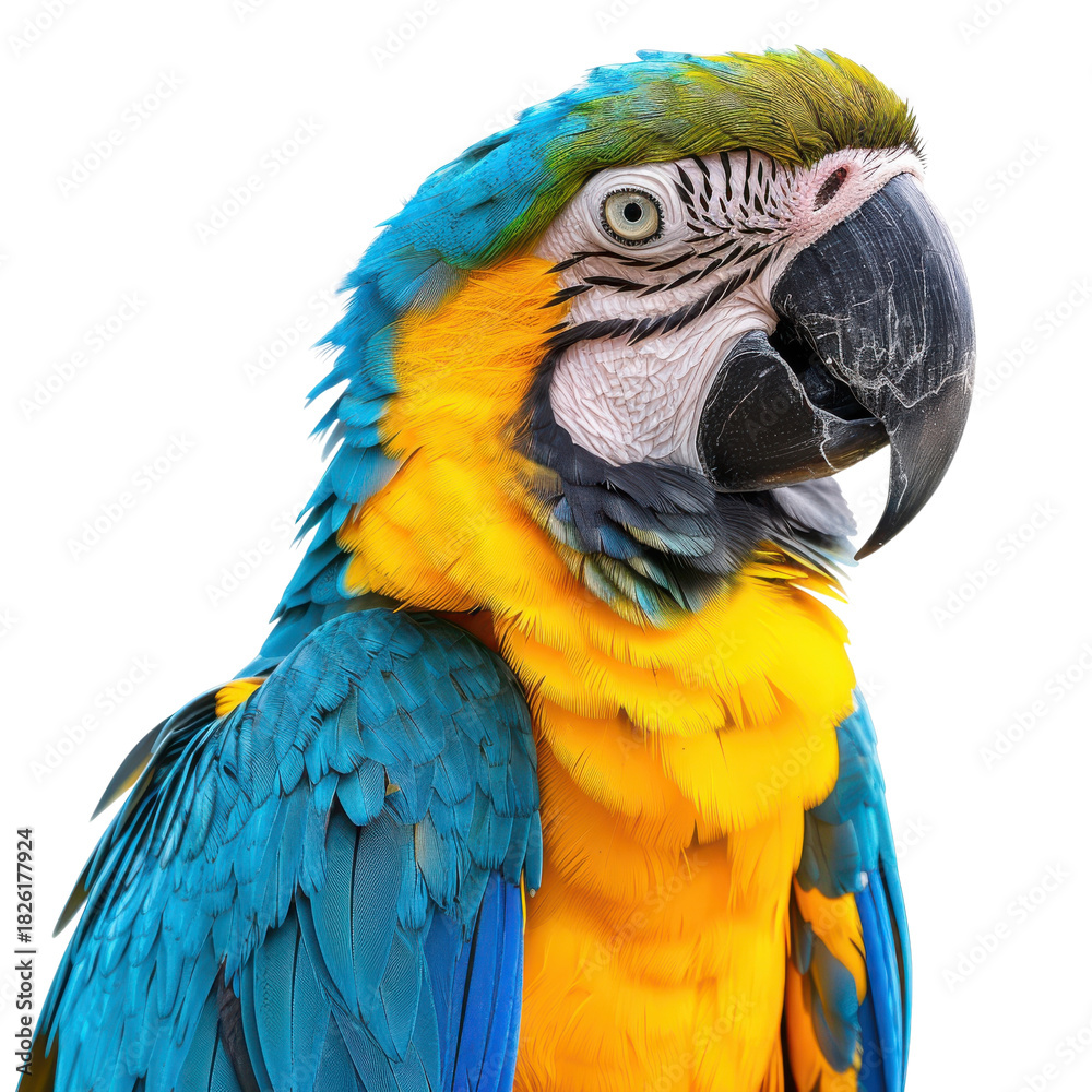 Fototapeta premium Bright Yellow Macaw Perched Elegantly on a White Backdrop