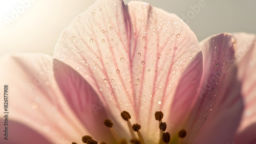Macro Shot of Flower Petal with Water Droplets in Soft Light Early Morning