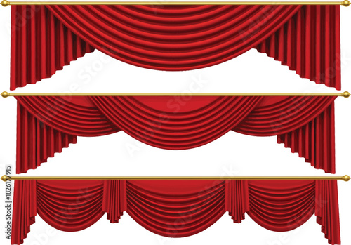 Three elegant red velvet stage curtains with gold rods and draped fabric