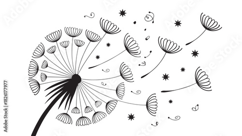 Colorful dandelion seed head blowing in the wind illustration
