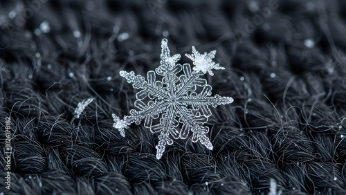 Macro Photograph of Snow Flake on Dark Fabric with Unique Pattern Details Winter