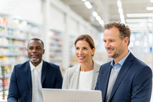 A diverse group of smiling business professionals collaborating on a laptop while discussing strategy in a modern supermarket