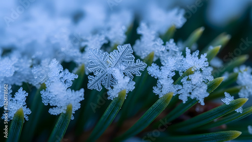 Close up of beautiful snowflake on green pine needles with blurred blue background