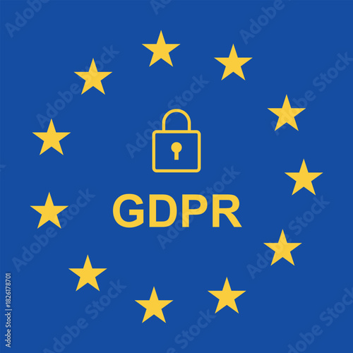 The image depicts the GDPR logo with a lock symbol inside the European Union flag.