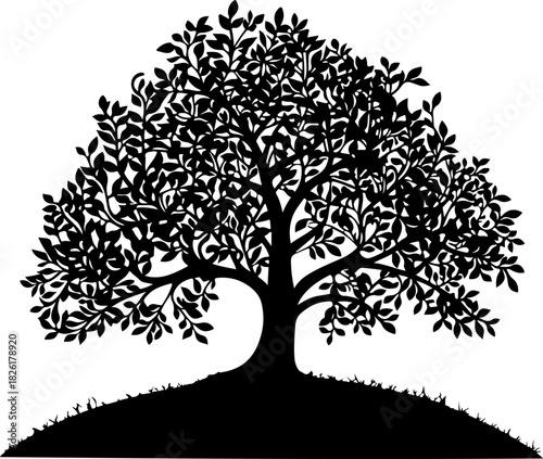 Graphic black tree silhouette with lush leaves on a hill minimal isolated on white background, Vector