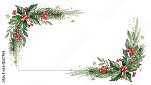 Watercolor Christmas Frame with Holly Leaves, Red Berries and Pine Branches Border Design