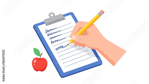 Hand writing on a checklist with pencil and an apple on the side, concept of planning