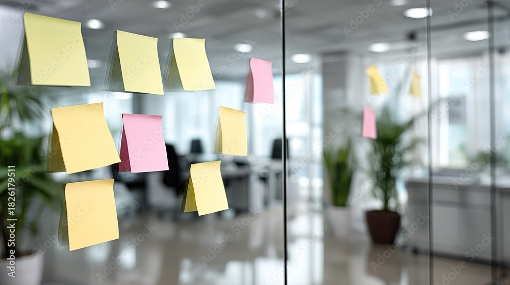 Obraz premium Several yellow and pink adhesive notes affixed to clear glass wall surface in modern blurred office environment