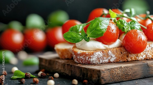 A close-up shot of a single bruschetta topped with creamy mozzarella, ripe cherry tomatoes, and fresh basil leaves. The appetizer rests on a rustic wooden board