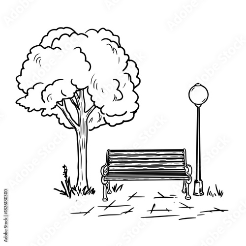 A tree and a park lantern, a flowerbed with flowers in the grass, a sketch. The drawing is in a simple style, isolated on a white background. Alley of the city park, square. Vector illustration.