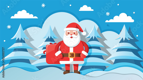 Merry Christmas background featuring Santa Claus beside a decorated Christmas tree with colorful ornaments and lights..eps