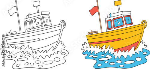 Cartoon Fishing Boat Illustration, Outline and Colored Maritime Transport Graphic, Sea Ocean Water Travel Vector Clipart Coloring Design