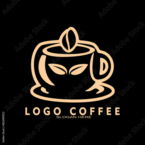 Coffee shop logo. Retro badge coffee beans and leaf branch with natural natural icon line stamp logo vector design modern hipster vintage style. Premium coffee shop bar brand symbol icon.	
