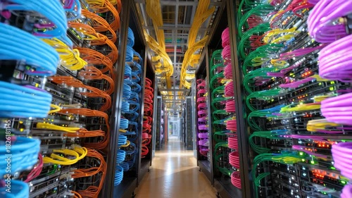 Multi colored network server room showcases vibrant cables and advanced technology in a modern data center