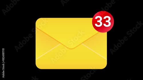 Envelope notification count grows from one to ninety nine, symbolizing many unread messages. 4K animation on black background.