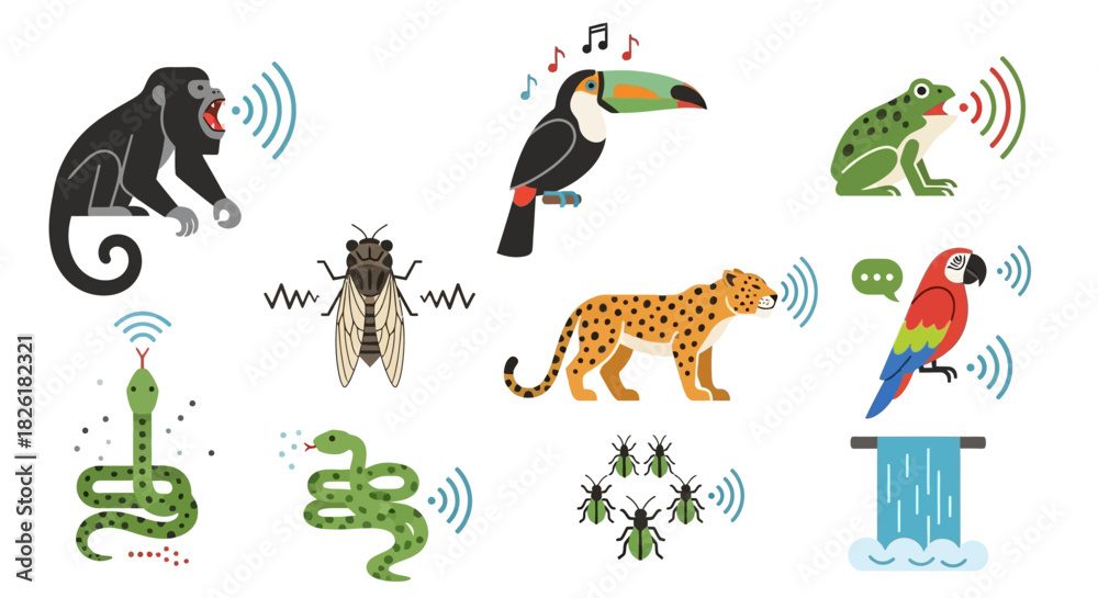 Fototapeta premium Jungle Animals Sound Waves and Communication Set.