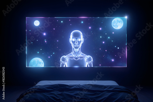 Wallpaper Mural Futuristic digital consciousness emerges from a screen, surrounded by cosmic wonder, evoking dreams and technology. Torontodigital.ca