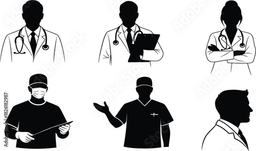 Doctor and medical staff silhouettes vector set surgeon physician male and female doctors healthcare workers hospital personnel