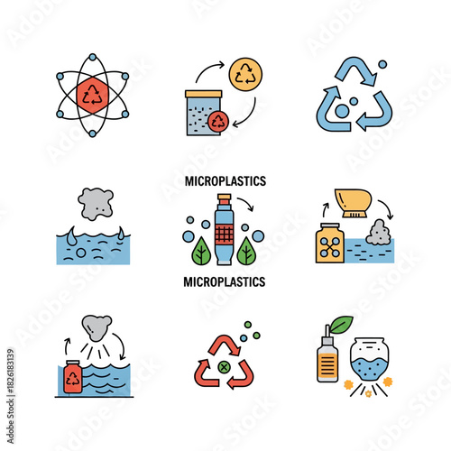 Microplastics Pollution and Recycling Process Icon Set.
