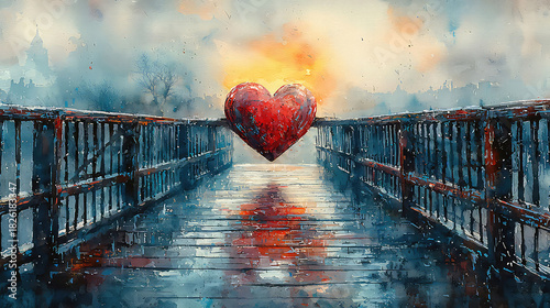 Romantic getaway with heart above bridge in artistic painting for Valentines Day card