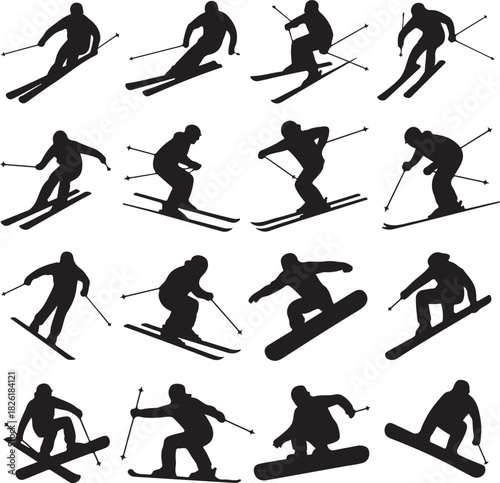 Collection of Skiing and Snowboarding Silhouettes for Winter Sports Graphics